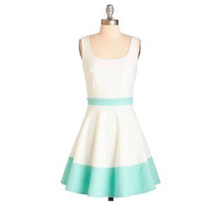 Modcloth A Line Fit and Flare White Aqua Dress